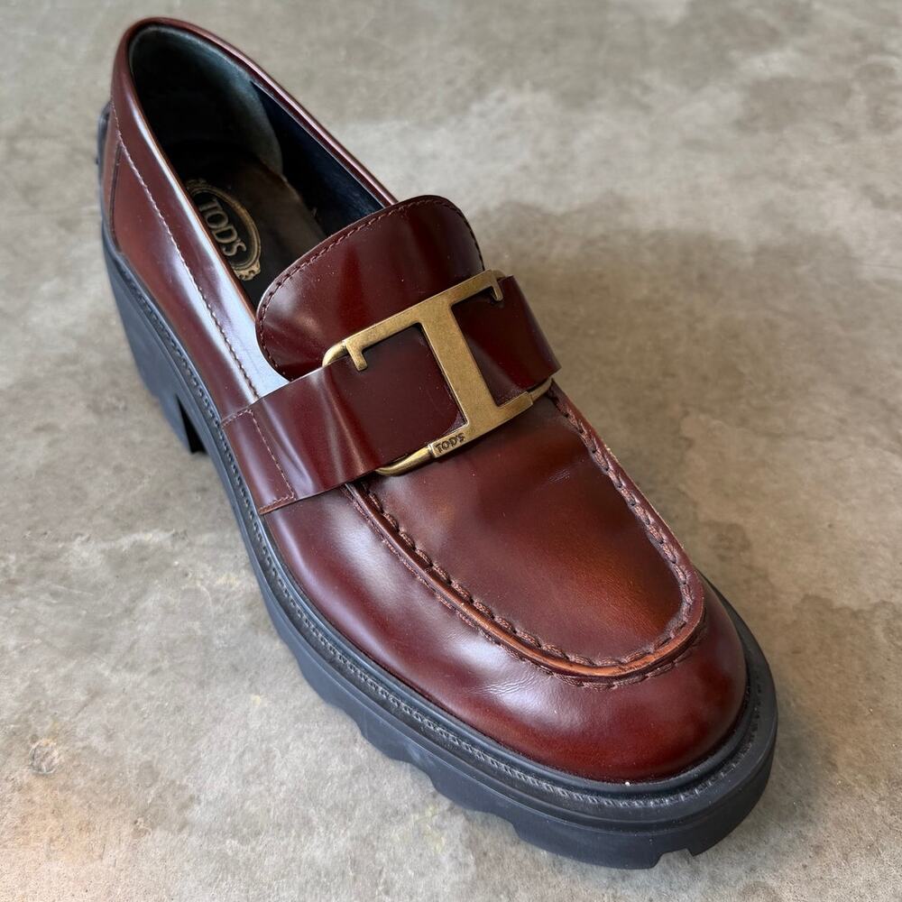 Tod's Womens Block Heel Logo Brown Leather Chunky Loafers Size 39.5